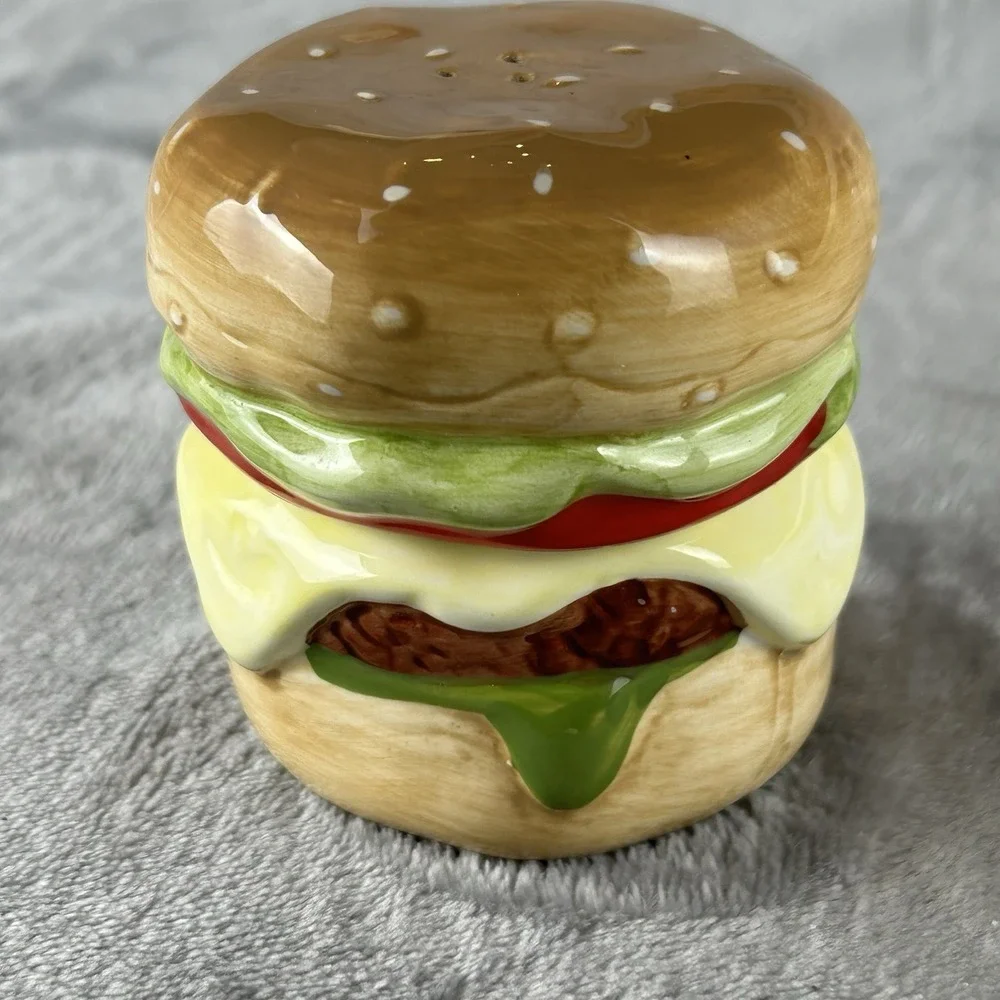 Pier 1 Imports Cheeseburger Deluxe Salt & Pepper Shakers Ceramic Stacking Kitsch